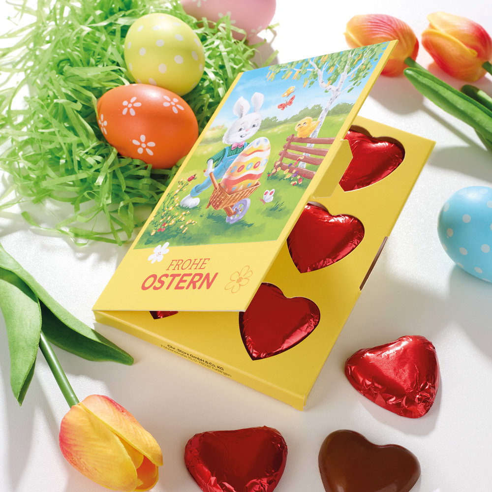 Grußkarte Frohe Ostern mit Schokoherzen