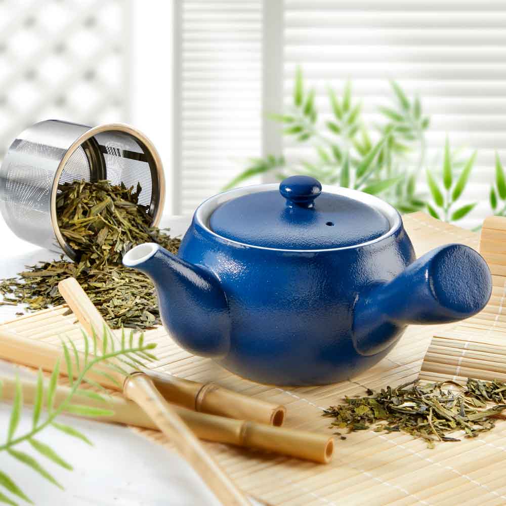 Yono Einhand-Grünteekanne mit Edelstahlfilter, blau