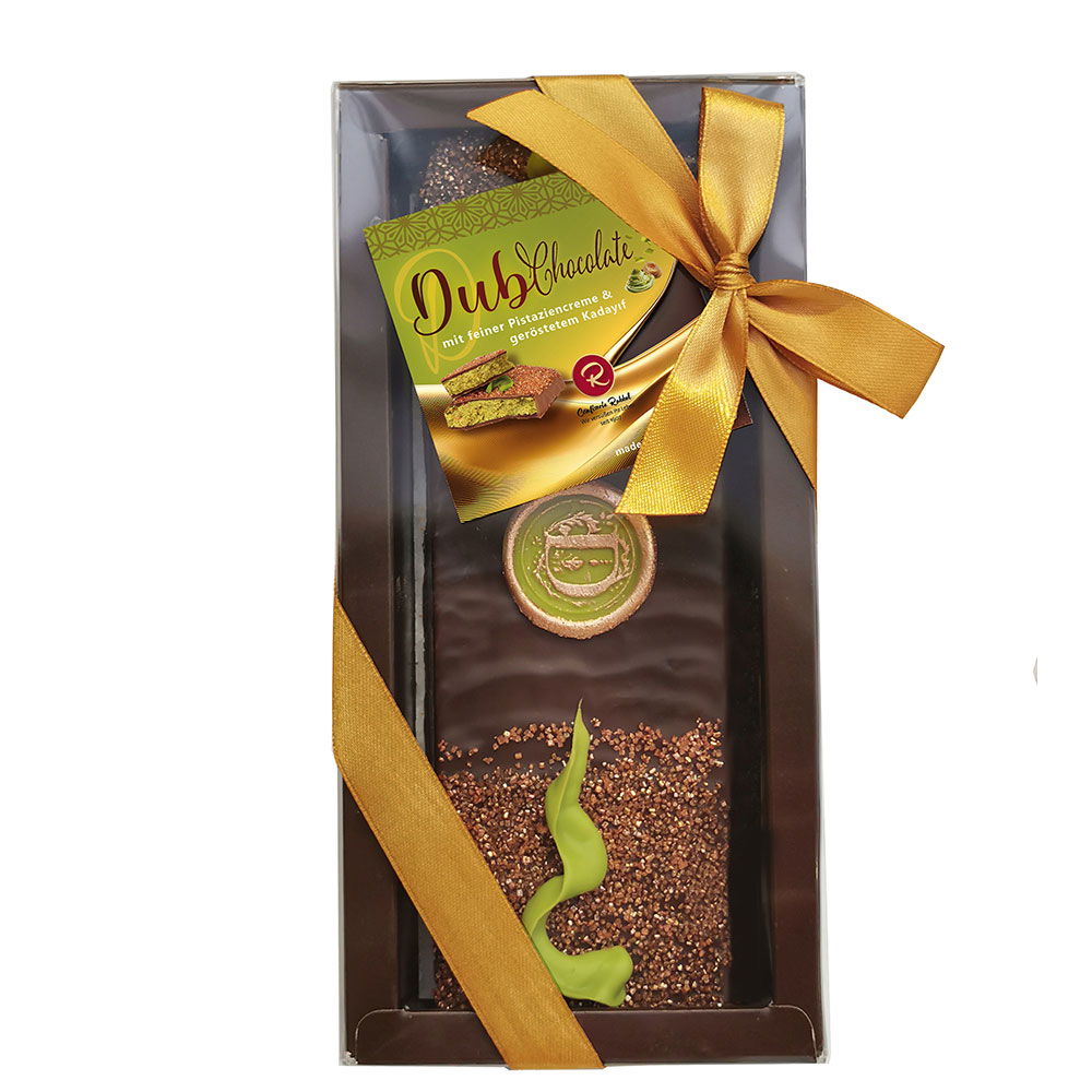Dub-Vollmilchschokolade mit Pistaziencreme und geröstetem Kadayif