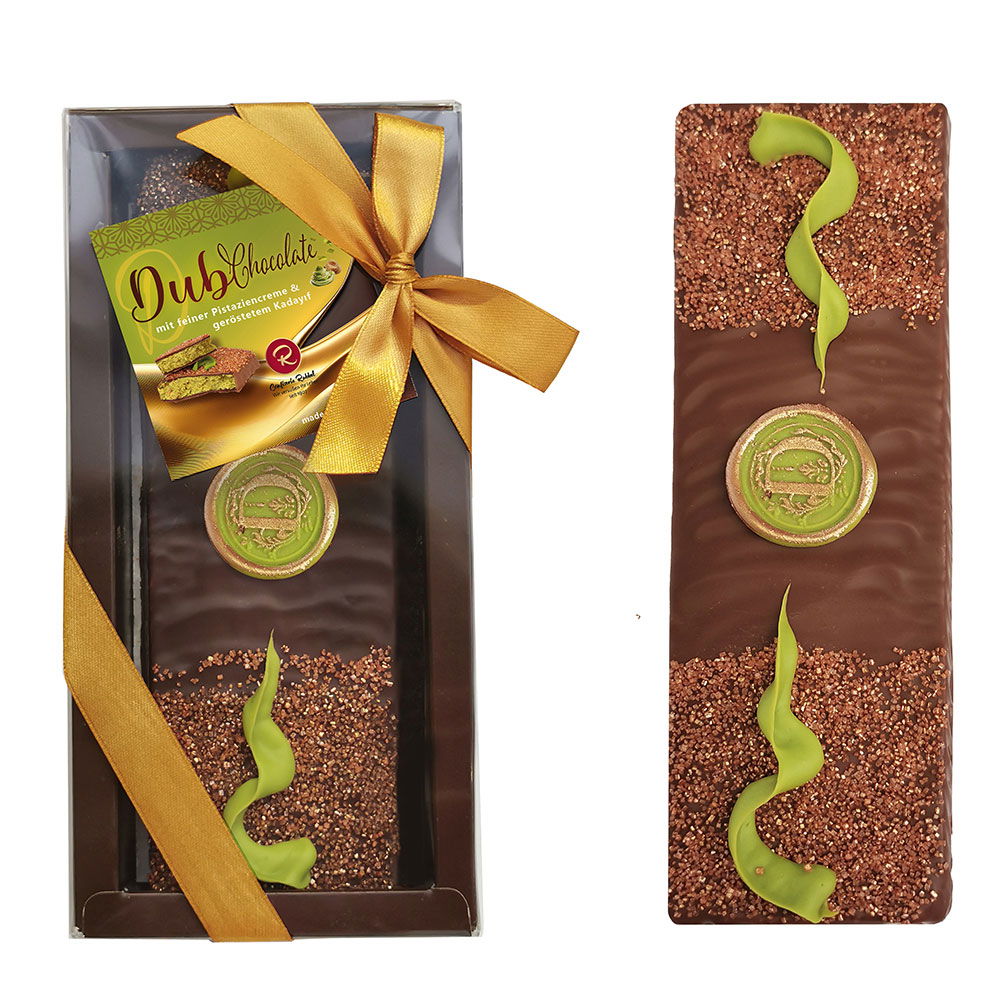 Dub-Vollmilchschokolade mit Pistaziencreme und geröstetem Kadayif