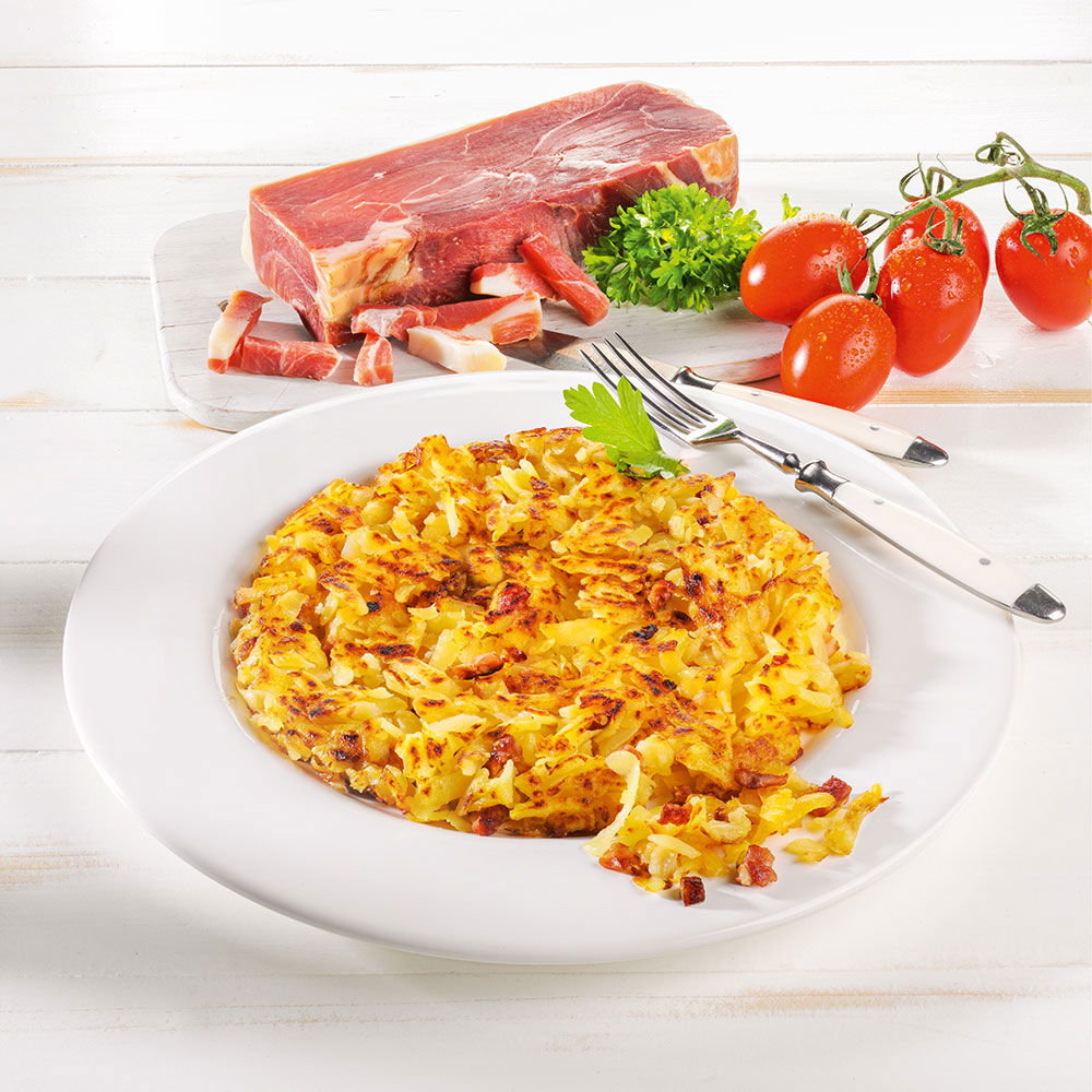 Berner Rösti mit geräuchertem Speck und Käse 