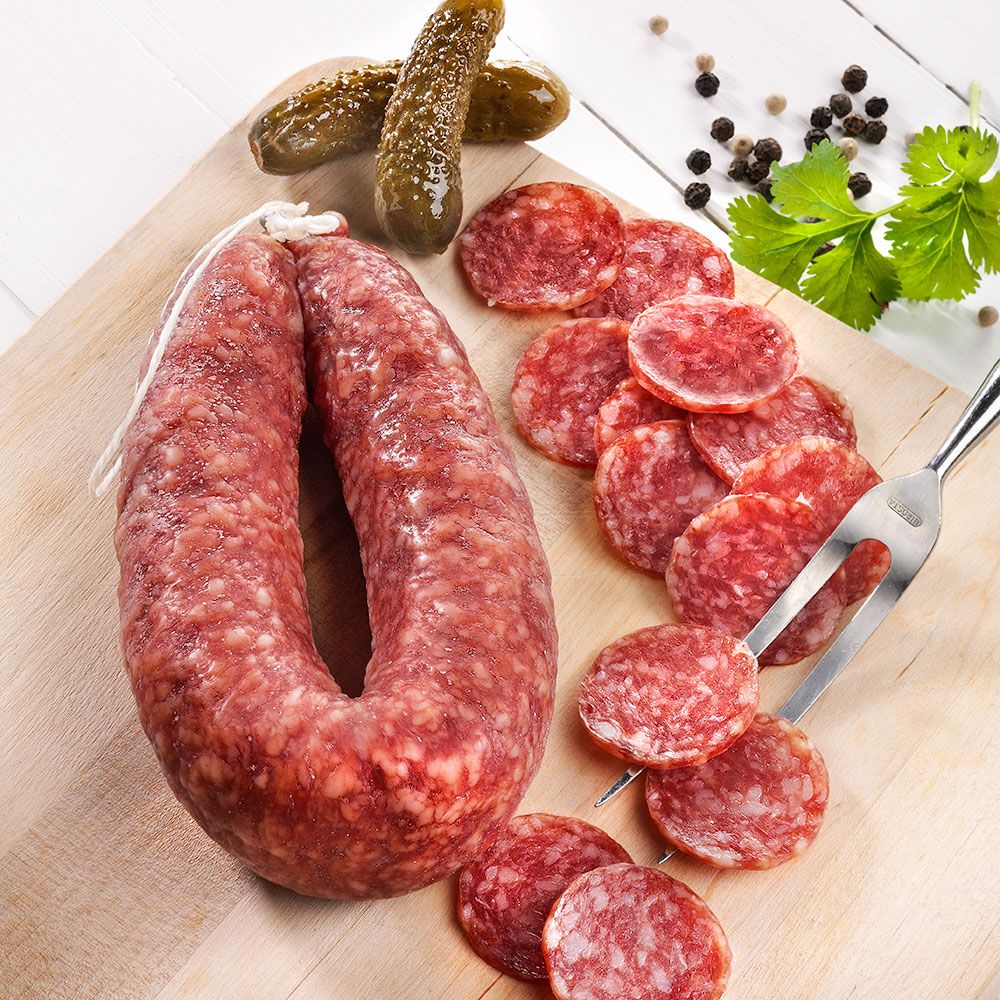 Luftgetrocknete Mettwurst vom Bunten Bentheimer Schwein Bio, im Ring