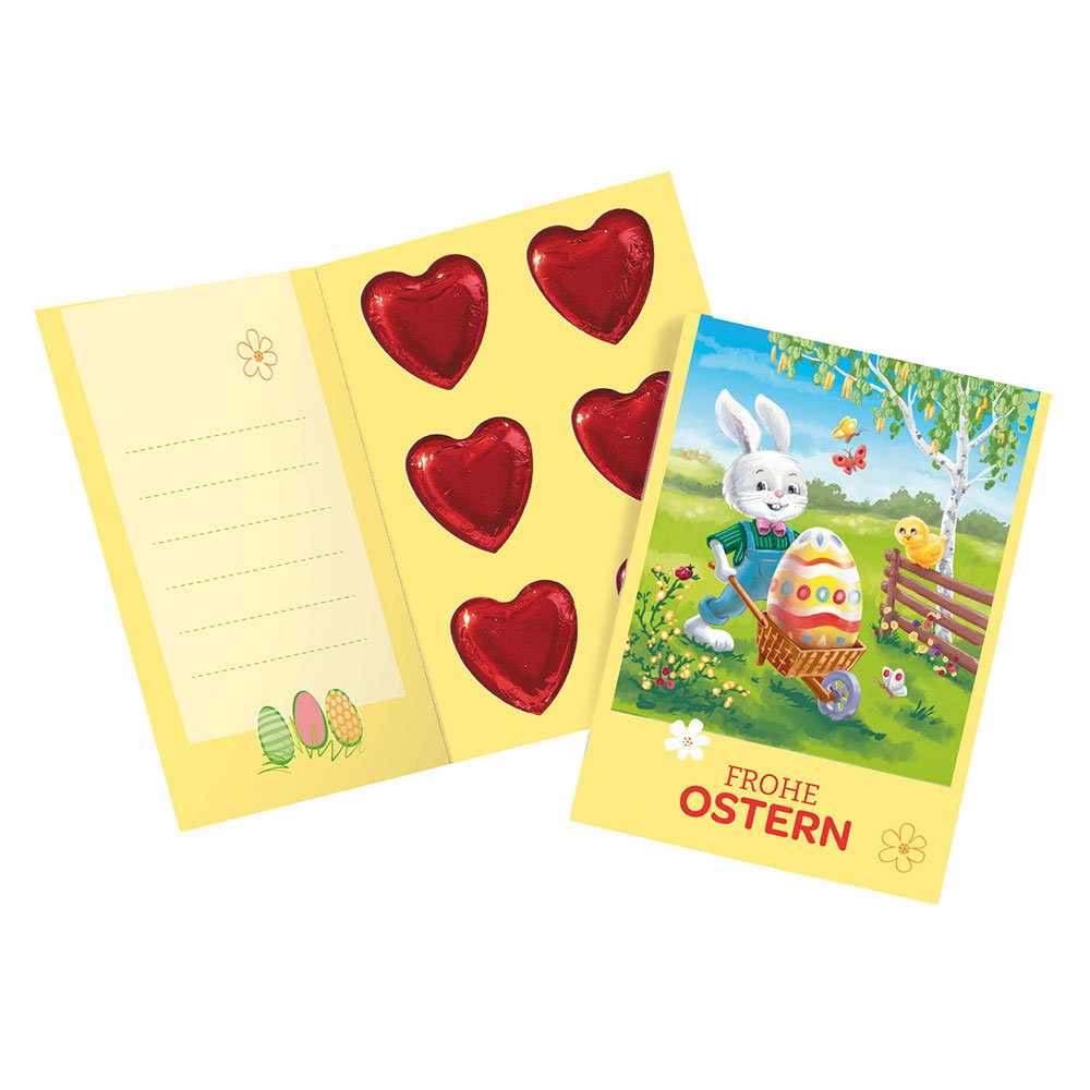 Grußkarte Frohe Ostern mit Schokoherzen