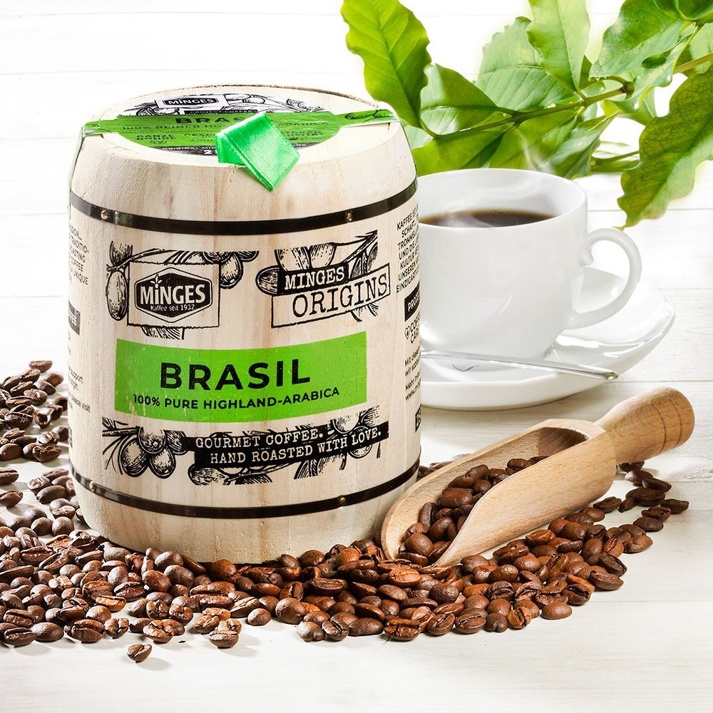 Minges Kaffee Brasil Hochland im Holzfass, ganze Bohne